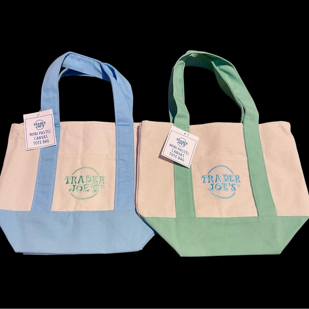 Trader Joe’s Mini Tote Bundle 2 Pastel Canvas Bags Blue Green Reusable Gift